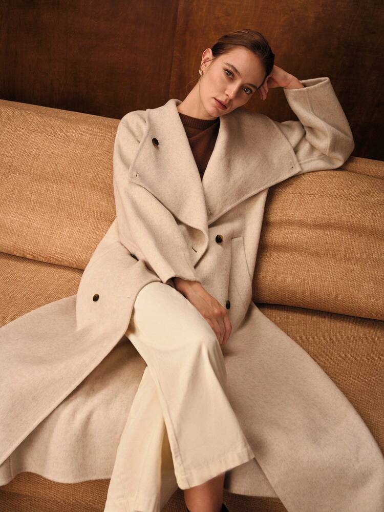 WOOL WATERFALL COLLAR DOUBLE BREASTED LONG OVERCOAT, AUTUMN/WINTER