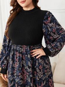 Lacomfia 印花拼接抓绒针织腰部休闲加大码女装连衣裙 - 彩色 - 查看 3