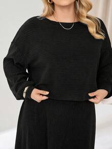 Auralis Plus Size Black Autumn Smart Casual Everyday Cloud Fleece Embroidered Ribbed Crew Neck Cropped T-Shirt & Long Ruffle Hem Skirt Two-Piece Set Modest - Black - View 3