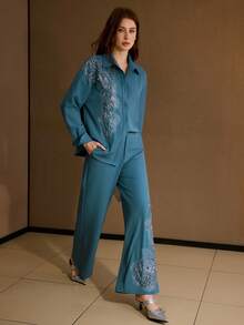 MOTF PREMIUM Bộ 2 áo blouse và quần đính hoa thanh lịch dành cho nữ - Màu xanh lam - Xem 5