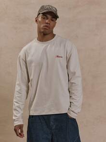 Musero Oversized Long Sleeve Branded Chest Print Graphic Patch Print Tshirt  Spring&Summer - Apricot - View 2