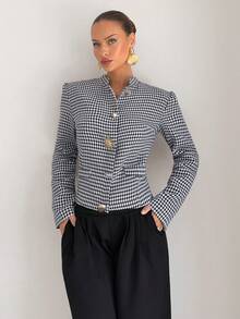 Siren Gaze 女士标准尺码千鸟格纹长袖西装外套，女士冬季服装，女士冬季夹克，女士冬季外套 - 黑與白 - 查看 3