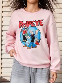 Popeye X SHEIN Women's Casual Letter & Cartoon Pattern Round Neck Drop Shoulder Sweatshirt, Autumn - Pink - View 6