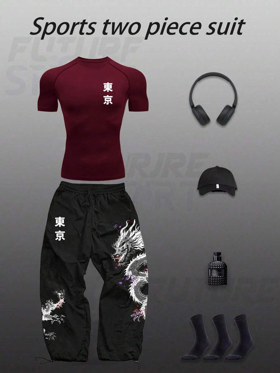 Gym Rark 男士休闲运动印花短袖T恤和裤子套装 健身服 男士运动服套装 短袖健身服套装 健身套装 锻炼套装,轻便 - 彩色 - 查看 1