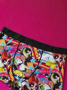 THE POWERPUFF GIRLS X SHEIN 1pc Women's Comfortable Breathable Blossom, Bubbles, Buttercup Pattern Boyshorts, Comfy & Sofy & Silky Elastice Waist Intimates Panties, Women's Lingeries & Underwear Women Boxers Graphic Boxers Cartoon Boxers Cute Boxers Cartoony Boxers Mans Boxers Funny Boxers For Men - Black - View 4