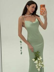 Aloruh Đầm Maxi trơn cổ khoét sâu họa tiết hoa thanh lịch dành cho nữ - màu xanh lá - Xem 3