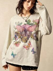 Bohemela Áo thun nữ cổ tròn tay dài dáng rộng, giặt thoải mái - Màu be - Xem 4