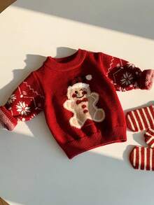SHEIN Áo len Giáng sinh đỏ Unisex cho bé, Áo chui đầu cổ tròn dệt kim Jacquard hình người bánh gừng và bông tuyết, Quần áo mùa đông dễ thương cho bé, Giáng sinh đầu tiên của tôi - Nhiều màu - Xem 6