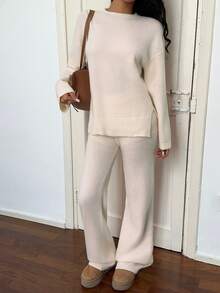 SHEIN Unity 2pcs Women's Solid Color Round Neck Drop Shoulder Long Sleeve Sweater And Knit Pants Casual Suit, Fall Autumn/Winter - Beige - View 6