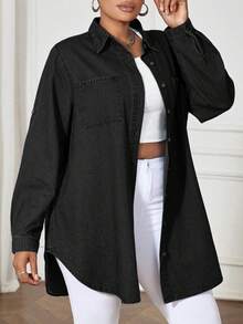 SHEIN Lady 蓝色大码牛仔连衣裙，休闲宽松长袖衬衫裙，舒适休闲 - 黑色 - 查看 1