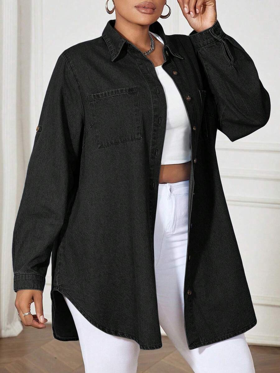 SHEIN Lady 蓝色大码牛仔连衣裙，休闲宽松长袖衬衫裙，舒适休闲 - 黑色 - 查看 1