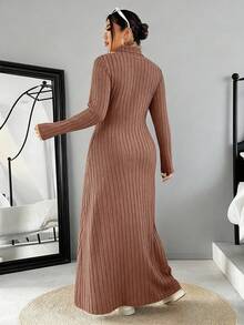 SHEIN EZwear Plus Size Women's Casual Everyday Commute Simple Solid Color Ribbed Knit Turtleneck Long Sweater Dress, Autumn/Winter - Khaki - View 2