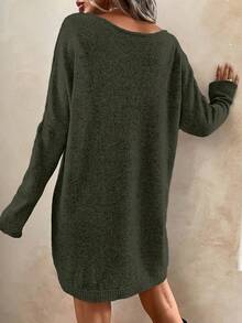 EMERY ROSE 女士休闲度假纯色圆领长袖毛衣连衣裙，秋冬季 - 綠色 - 查看 2