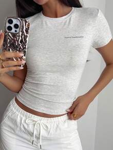 DAZY Letter Print Slim Fit Crew Neck Summer Short Sleeve Athletic T-Shirt - Grey - View 6