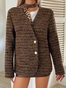 DAZY 女士休闲V领碎花粗花呢常规款外套，秋季女式大衣 - 棕色 - 查看 7