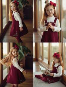 Emery Rose Kids Emery Rose Kids Young Girl Cute Casual Vintage Ditsy Floral Print Embroidery Overall Dress Without Tee ,Fall & Winter, Must-Have, Great For Casual & Daily Wear & School DailyVersatile. Red For Christmas ,For Holiday. - Red - View 3