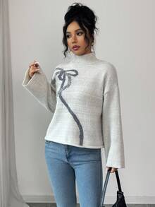 SHEIN Raffinéa Women's Casual Fashion Minimalist Versatile Commuting Loose High Neck Bow Decor Sweater, Autumn/Winter - Light Grey - View 6