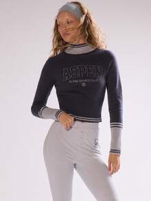 MUSERA High Neck 'Aspen' Embroidered Contrast Cuff Fitted Jumper Winter Ski Vacation Lounge Holidays Spring - Navy Blue - View 6