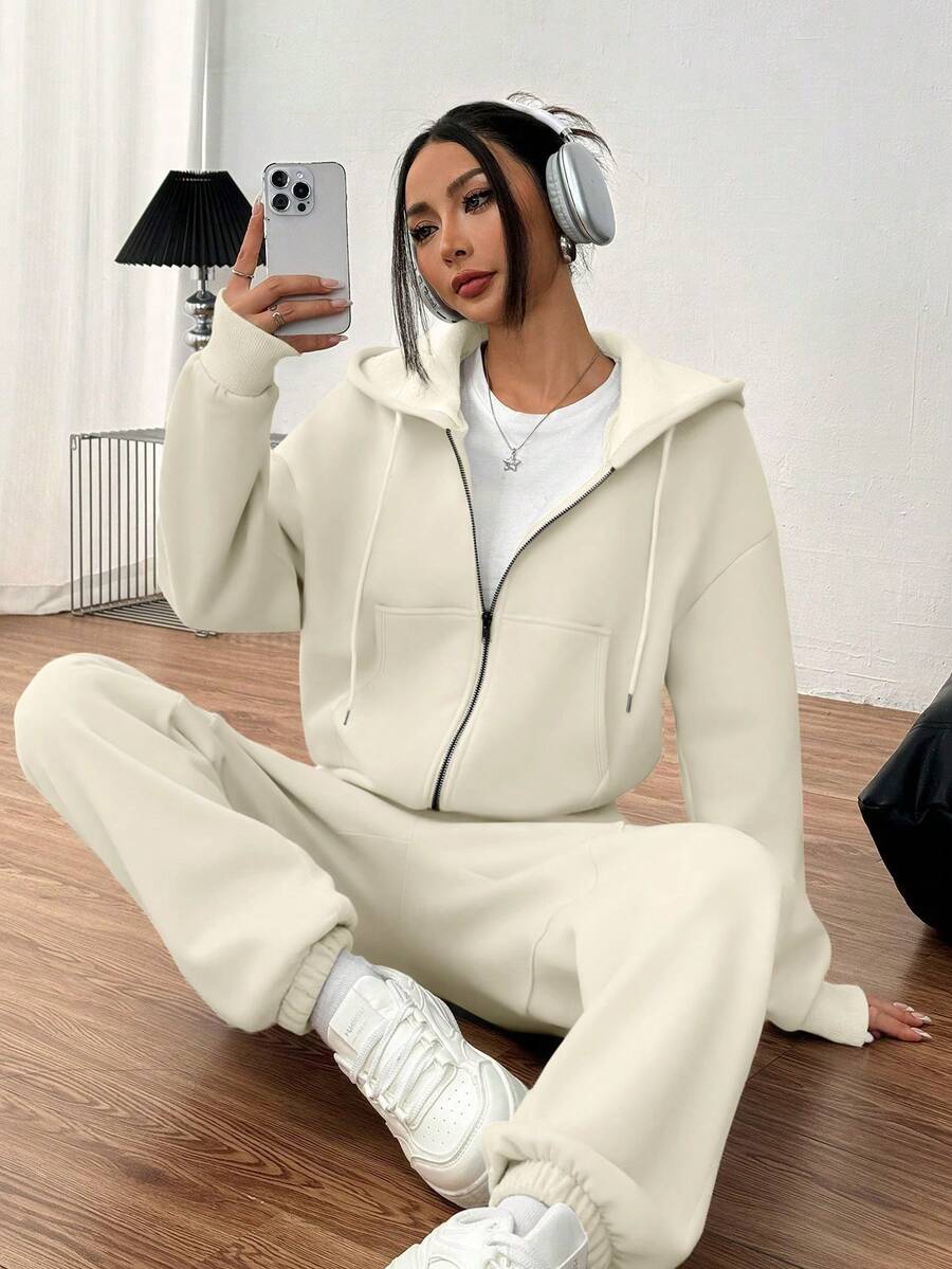 INAWLY Women's Solid Color Hooded Drawstring Sweatshirt And Pants 2 Pieces Set - Apricot - View 1
