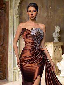 Glamrae Elegant Luxurious Beaded & Sequin Patchwork Elastic Satin Ruched Side Slit Fishtail Skirt, Suitable For Weddings, Parties, Vacations, Galas, Evening Dresses (Heavy Embellishment) - Coffee Brown - View 6