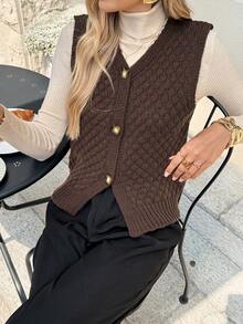Serisse Colete feminino casual de tricô, cor sólida, decote em V e abotoamento simples, ideal para outono/inverno. Colete de tricô feminino, cardigã sem mangas, blusa marrom, cardigã marrom, suéter marrom, colete estilo western, blusa de tricô texturizado, colete de tricô grosso. - Castanho - Ver 4