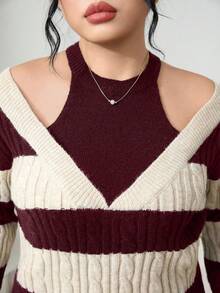 Modelyn Plus Size Elegant Colorblock Cable Knit Sweater, Autumn Fall - Burgundy - View 6