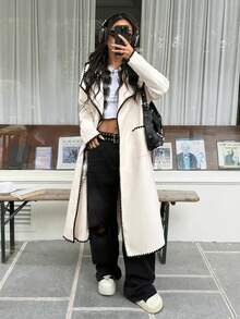 SHEIN EZwear 2025新款秋季女式时尚长袖外套，撞色翻领和口袋设计，适合外出穿搭和街头服饰。 - 杏色 - 查看 4