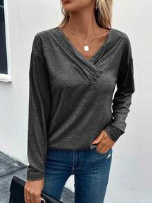 SHEIN LUNE Women's Basic V-Neck Long Sleeve T-Shirt, Casual Everyday Wear - Dark Grey - View 5
