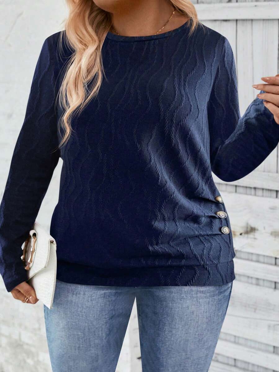 EMERY ROSE Maglietta a maniche lunghe in tinta unita con texture, casual, per l'autunno, taglie comode - Blu Navy - Visualizzare 1