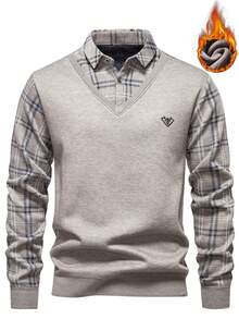 Manfinity Mode Suéter de manga larga con forro térmico y diseño de patchwork a cuadros para hombres, otoño/invierno