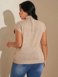 SHEIN Tall CURVE 大码优雅高领宽松休闲百搭无袖针织背心，适合外出穿着，秋冬季校园上衣 - 杏色 - 查看 2