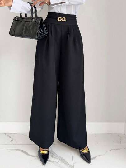 Siren Gaze Pantalones casuales anchos y sueltos con decoración de metal y pliegues para mujer