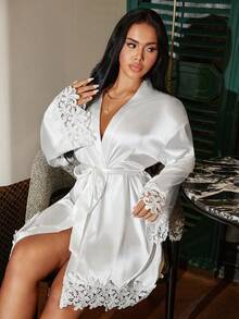 SilkySpell Plus Size Valentine's Day Lace Trim Embroidered Sexy Solid Color Satin Women Robe, For Fall & Winter - White - View 7