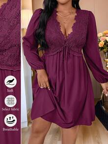SHEIN LUNE Robe casual grande taille de couleur unie avec patchwork en dentelle, robe mi-longue avec manches lanternes et taille nouée en dentelle. Convient pour le printemps/automne, décontractée, rétro et élégante pour le quotidien et les fêtes - Fushia - Voir 1