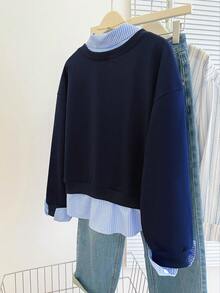 INAWLY Plus Size Casual Patchwork Striped Pullover Sweatshirt, Autumn - Navy Blue - View 2