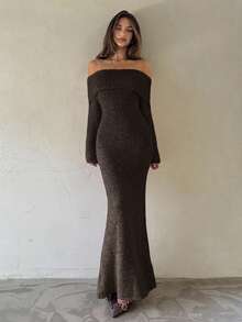 Aloruh 女士加厚罗纹露肩长袖修身长款毛衣连衣裙，粉色，秋冬款 - 棕色 - 查看 3