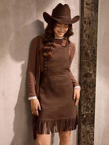 Wildy 休闲复古美式风格女士秋冬日常基本款铆钉流苏无袖吊带迷你连衣裙