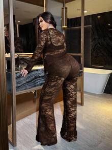NU&NOW Plus Size Long Sleeve Lace Trim Elegant & Sexy 2 Pieces Set - Coffee Brown - View 6