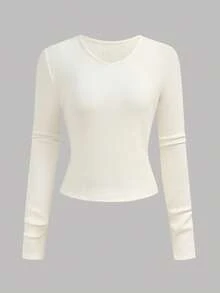 少女纯色保暖V领长袖休闲T恤 - 白色 - 查看 5