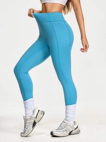 SHEIN Sovereign Charm Women's High Waist Blue Yoga Leggings With Pockets,Tummy Control Compression Fit Athletic Running Gym Activewear,4-Way Stretch Workout Slim Leggings - Baby Blue - View 4