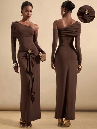 SHEIN Veneréa 1pc Women's Asymmetric Ruched Metal Buckle Waist Draped Sexy Midi Dress