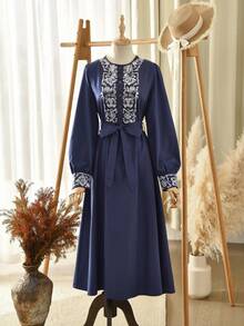 Rusticease 女士圆领半拉链长袖刺绣连衣裙 - 藏蓝色 - 查看 5