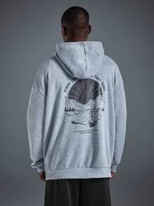 Driftmere 男士休闲街头野花山印花宽松抓绒连帽衫，引领时尚潮流，保暖舒适，适合运动户外，日常休闲运动上衣 - 深灰色 - 查看 2