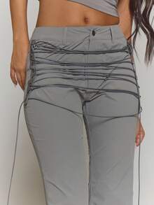 MUSERA Extreme Lace Up Eyelet Side Strap Detail Fitted Flare Trousers Only Fall Autumn Winter Streetwear Cool Night Out Everyday Sexy Elegant Party