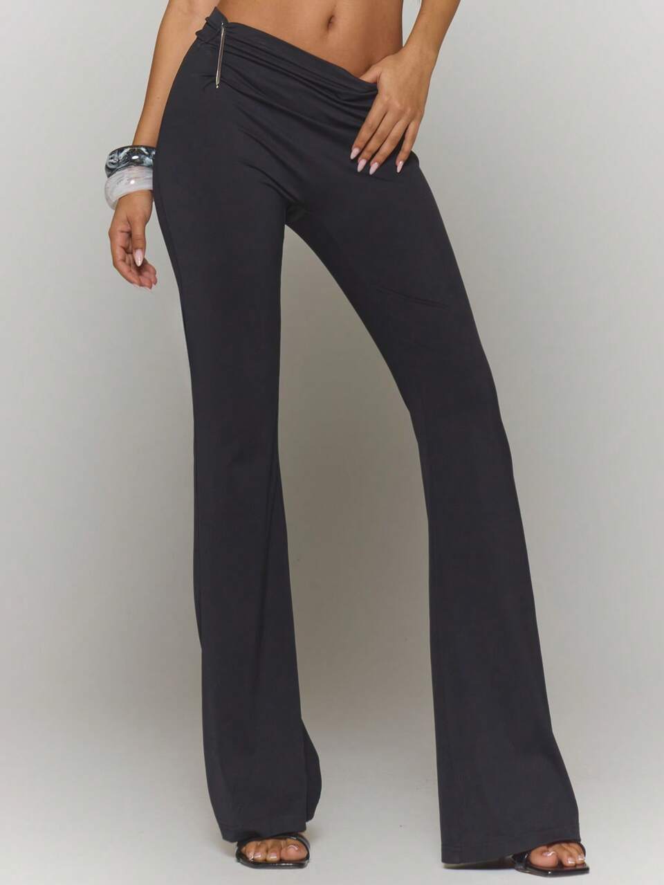 Gathered Asymmetric Waist Silver Spike Detail Fitted Flare Trousers, Onyx Co-Ord Bottoms Only Black,Autumn,Seksi Chic,Night Out Streetwear Casual