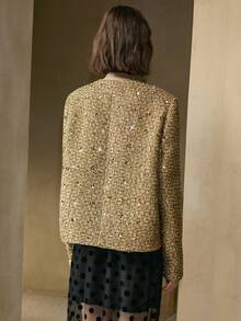 EMERY ROSE 女士亮片金属纱线面料圆领落肩长袖装饰花卉图案休闲外套 - 金色 - 查看 4