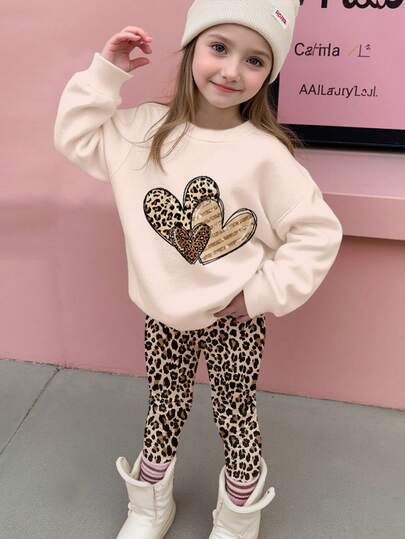 SHEIN Happikins Khaki & Leopard Print Leggings, Minimalist Cartoon Leopard Heart Pattern Print, Young Girl Casual Comfortable Soft Thick Warm Crew Neck Long Sleeve Sweatshirt And Skinny Leggings Suitable For Autumn/Winter Daily, Home, Outings