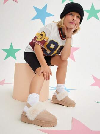 Mini mi #CozySteps Kids' Fabric Suede Beige & Animal-Friendly Fur Collar Elastic Back Strap Slip On Platform Clogs–Warm & Snug Style For Everyday Adventures