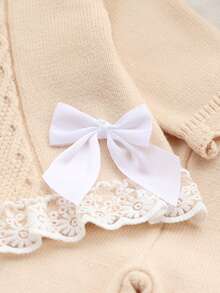SHEIN 2pcs Baby Girls Sweater Set,Beige,Autumn,Cute,Matching Family Knitted Long Sleeve Pullover Cable Design Lace Trim Bow Decor Knit Pants Infant Outfit - Khaki - View 6