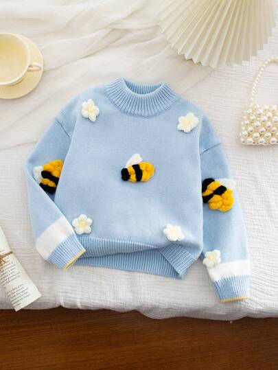 Suéter azul de punto con flores y abejas, casual, de moda y lindo, para niña, suave y cómodo, adecuado para escenas diarias, de viaje, vacaciones, hogar, guardería, otoño e invierno, Navidad, apertura de escuela, fiesta, estilo versátil de manga larga, ropa de primavera, otoño e invierno, prendas de vestir de festival para niñas